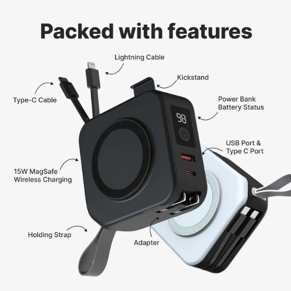 Wireless Charger Power Bank 5-in-1 Wall Plug Qi-Compatible with Built-In Cables