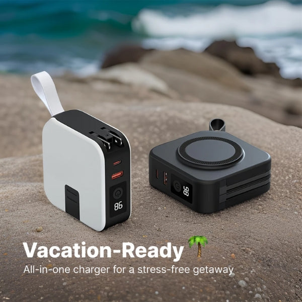 Wireless Charger Power Bank 5-in-1 Wall Plug Qi-Compatible with Built-In Cables