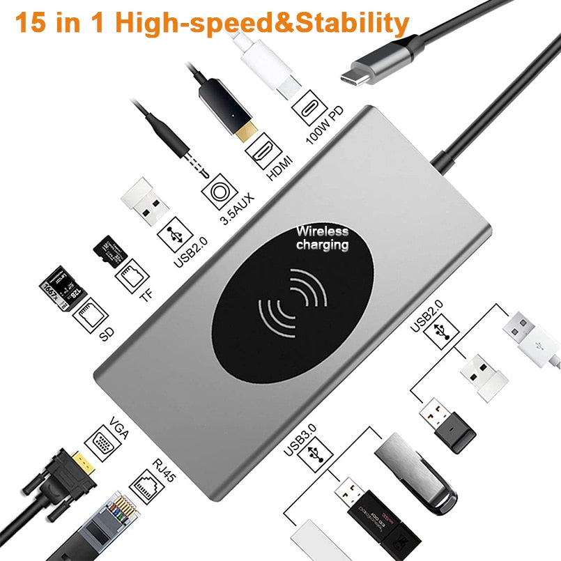 Wireless Charging Dock USB-C 15-in-1 Aluminium Alloy with 4K HDMI Output