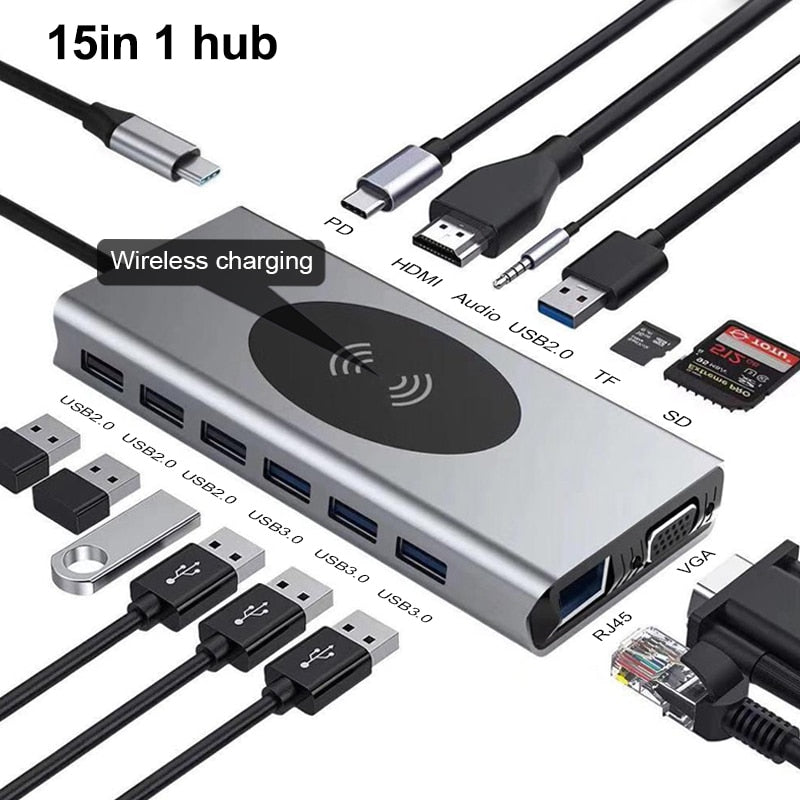 Wireless Charging Dock USB-C 15-in-1 Aluminium Alloy with 4K HDMI Output