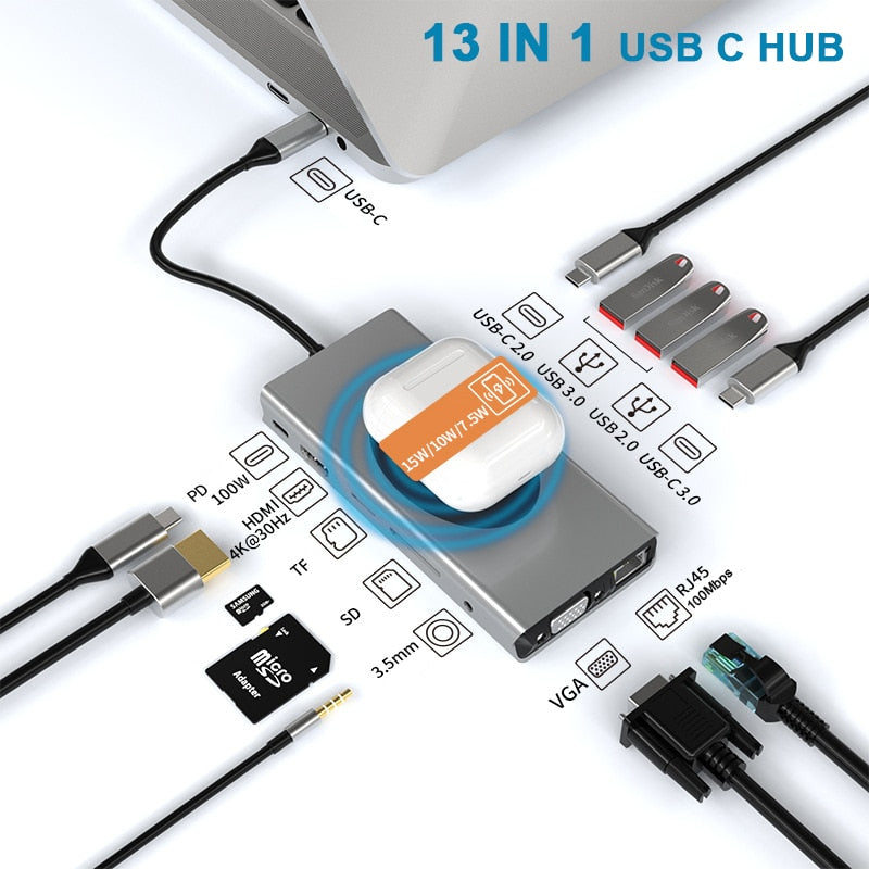 Wireless Charging Dock USB-C 15-in-1 Aluminium Alloy with 4K HDMI Output