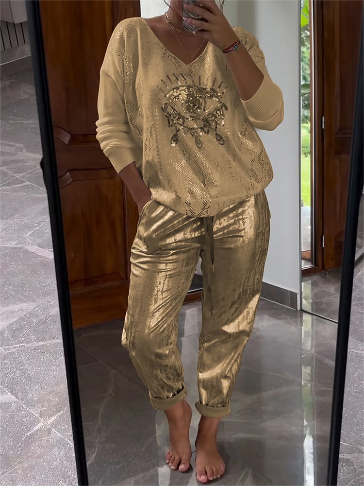 Women's Blouse and Pants Set | Glittering Shine & V-Neck Style