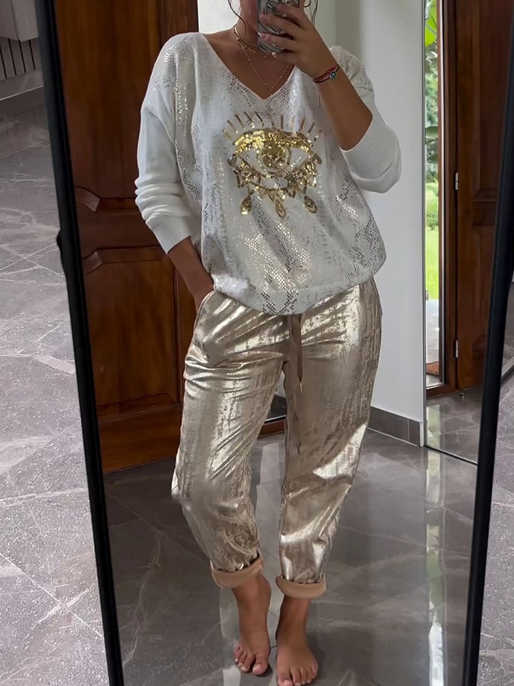 Women's Blouse and Pants Set | Glittering Shine & V-Neck Style