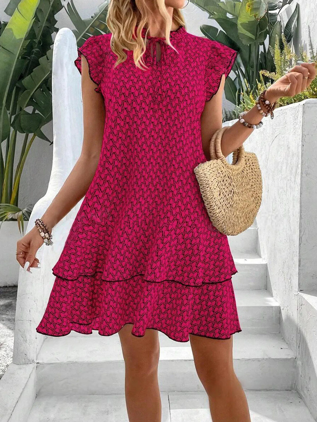 Women's Boho Mini Dress - Polyester - V-Neck - Flounced Hem