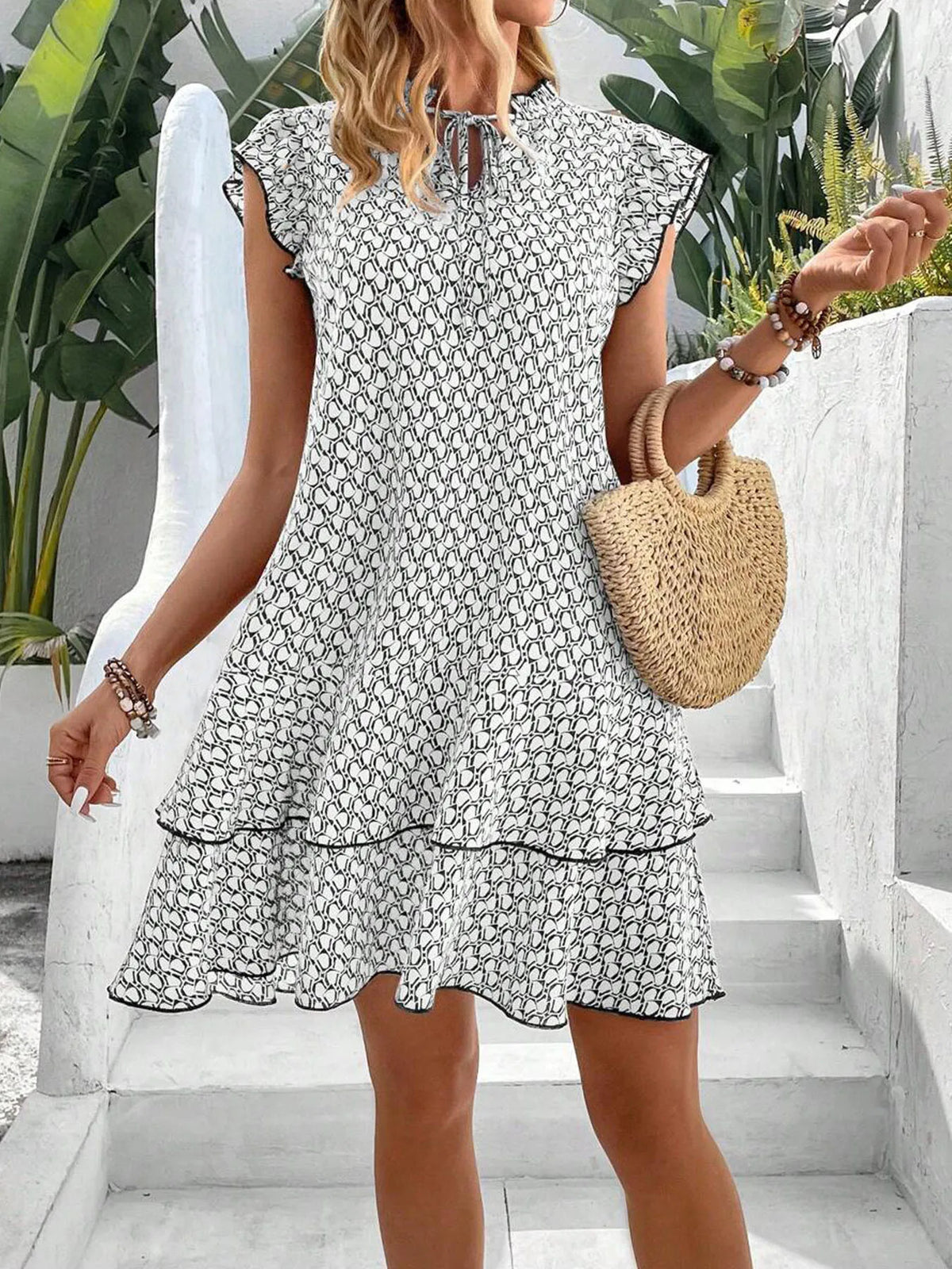 Women's Boho Mini Dress - Polyester - V-Neck - Flounced Hem