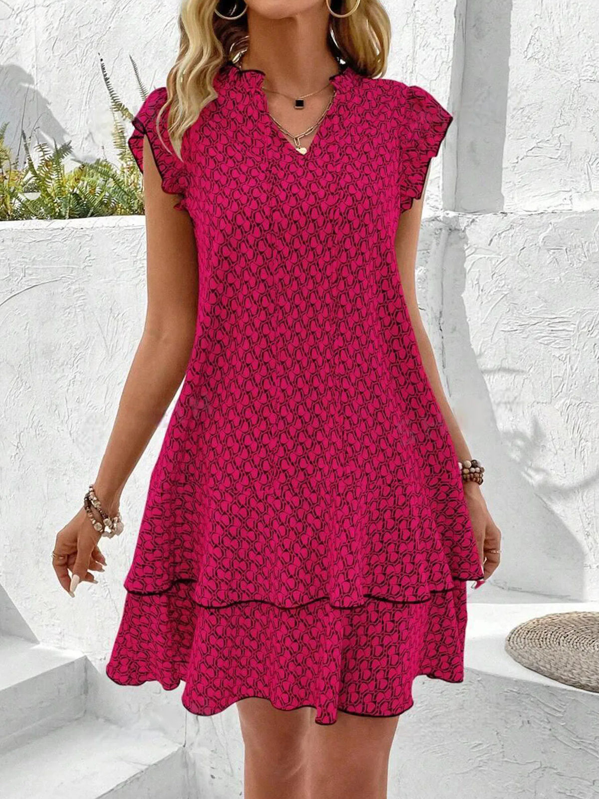 Women's Boho Mini Dress - Polyester - V-Neck - Flounced Hem