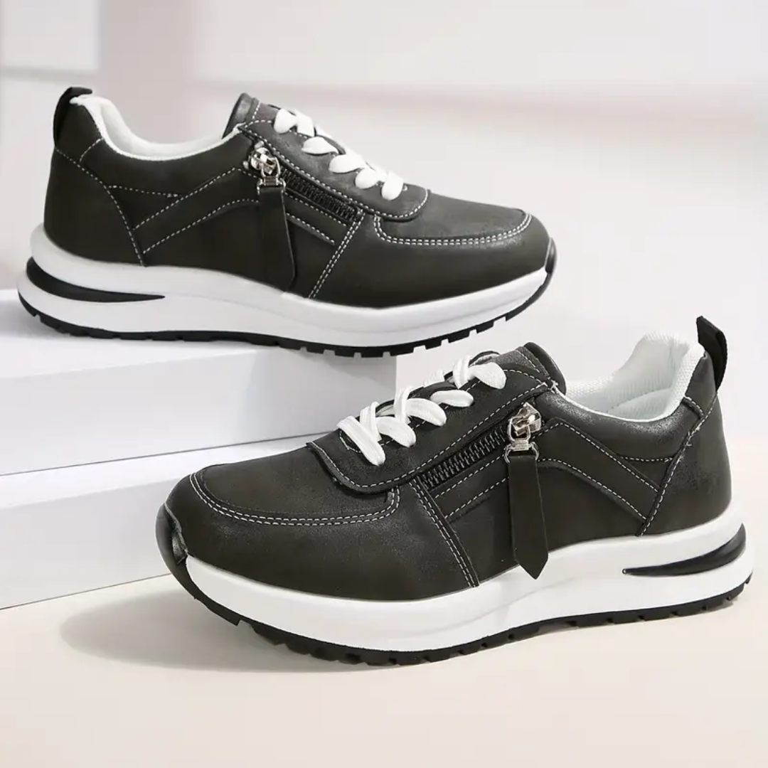 Women's Casual Shoes - Vegan Leather - Side Zipper - Lace-Up - Chunky Sole