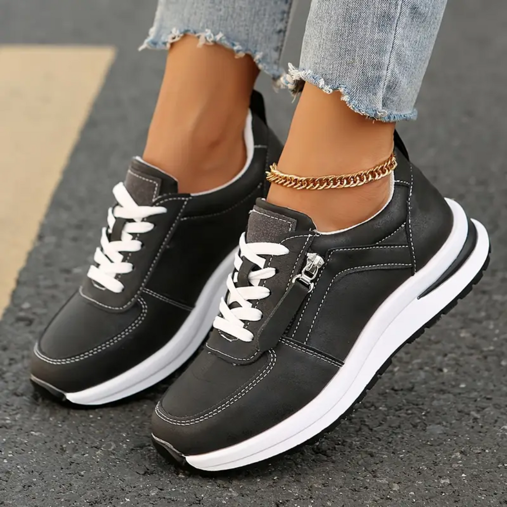 Women's Casual Shoes - Vegan Leather - Side Zipper - Lace-Up - Chunky Sole