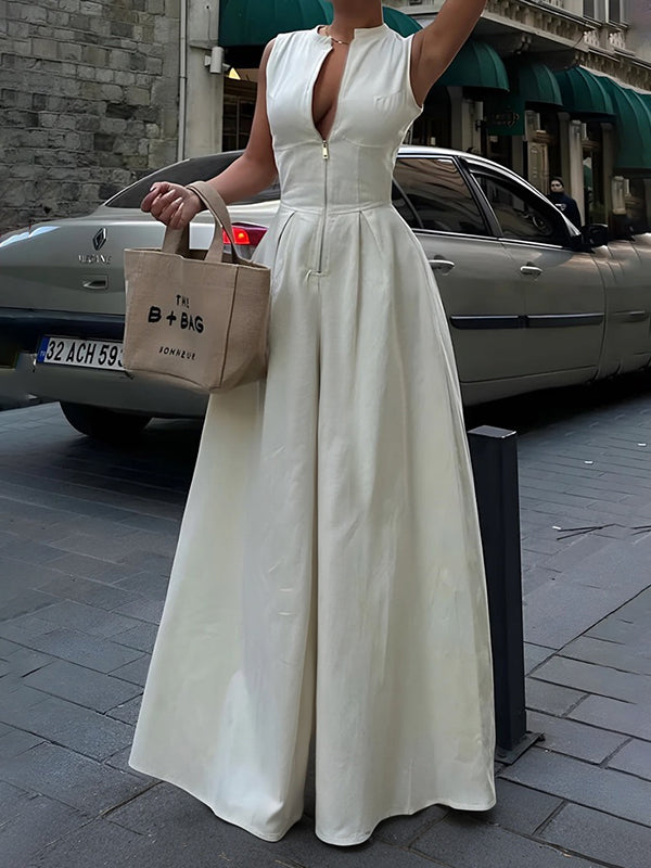 Women's Chic Sleeveless Wide-Leg Jumpsuit - Zip-Front - Pockets