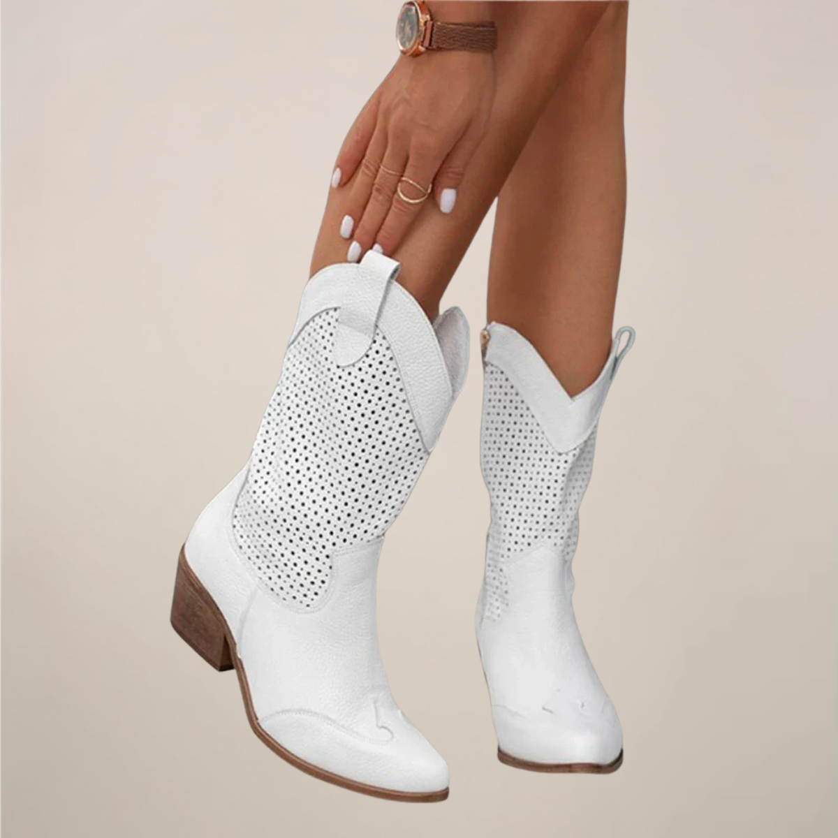 Women's Cowgirl Boots - Perforated Mid-Calf - Pull-On Tabs - Block Heel