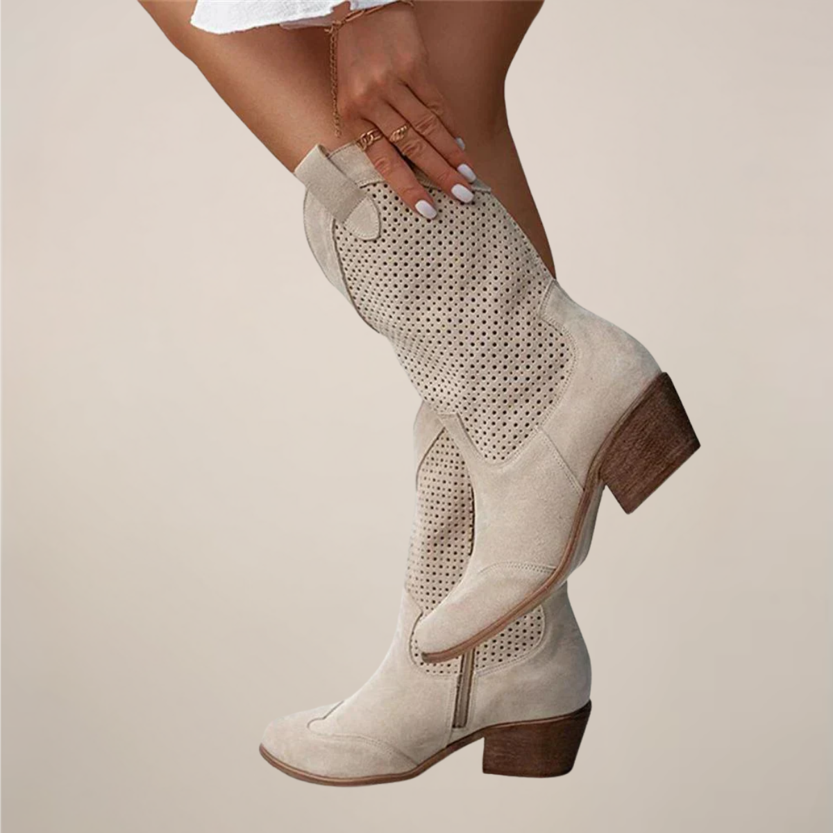 Women's Cowgirl Boots - Perforated Mid-Calf - Pull-On Tabs - Block Heel