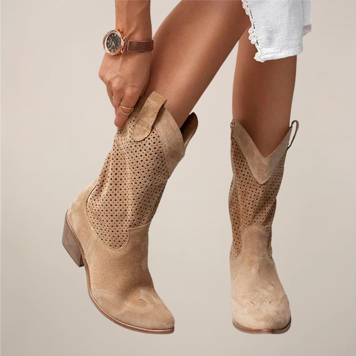 Women's Cowgirl Boots - Perforated Mid-Calf - Pull-On Tabs - Block Heel