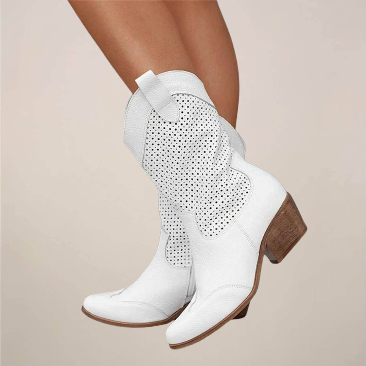Women's Cowgirl Boots - Perforated Mid-Calf - Pull-On Tabs - Block Heel
