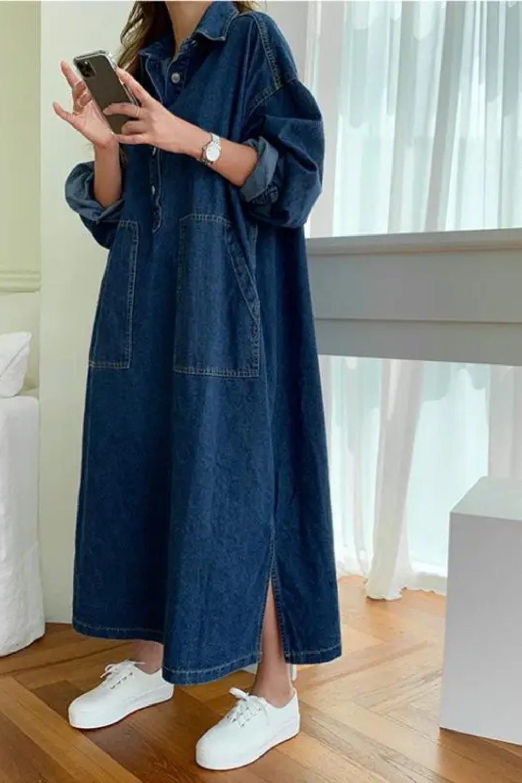 Women's Denim Maxi Dress - Plus-Size Fit - Structured Collar - Front Pockets - Side Slits