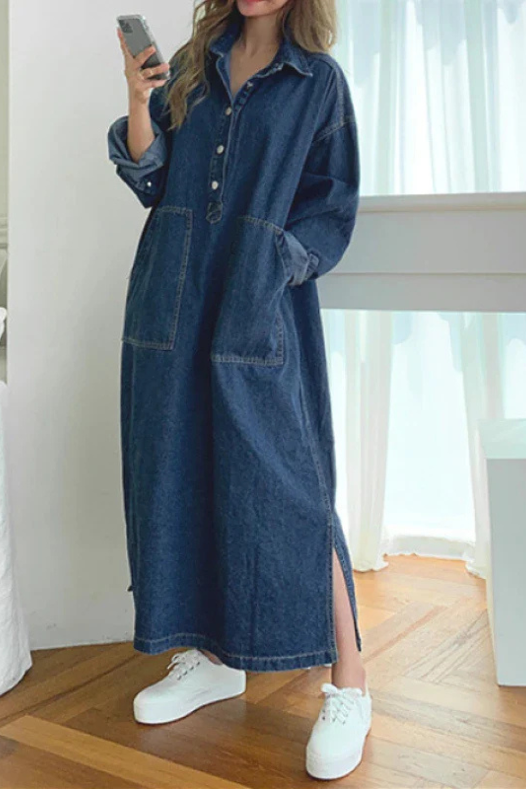 Women's Denim Maxi Dress - Plus-Size Fit - Structured Collar - Front Pockets - Side Slits