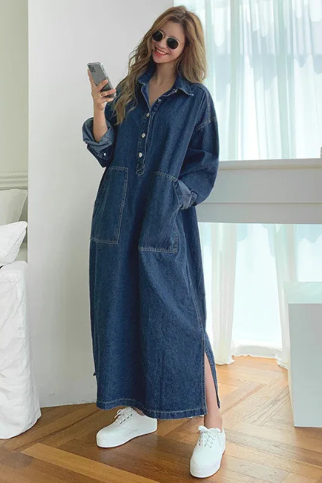 Women's Denim Maxi Dress - Plus-Size Fit - Structured Collar - Front Pockets - Side Slits
