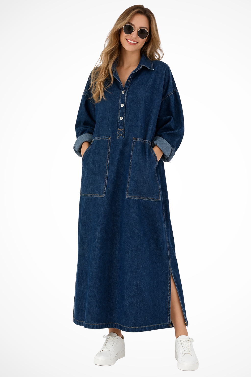 Women's Denim Maxi Dress - Plus-Size Fit - Structured Collar - Front Pockets - Side Slits
