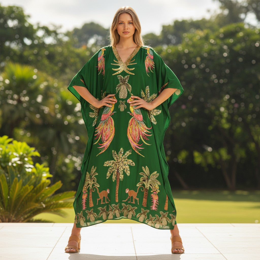 Women's Dress - Loose Fit - Ankle-Length - V-Neck - Tropical Print
