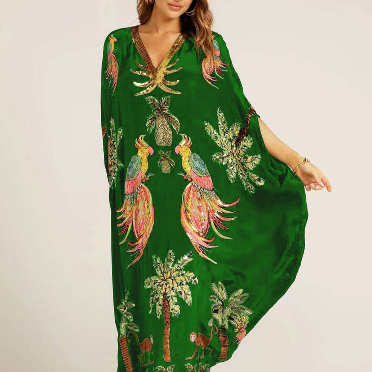 Women's Dress - Loose Fit - Ankle-Length - V-Neck - Tropical Print