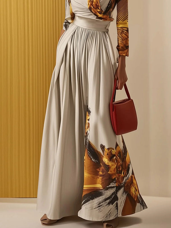 Women's Elegant Flowy Wide-Leg Jumpsuit - V-Neck - Long Sleeve - Printed