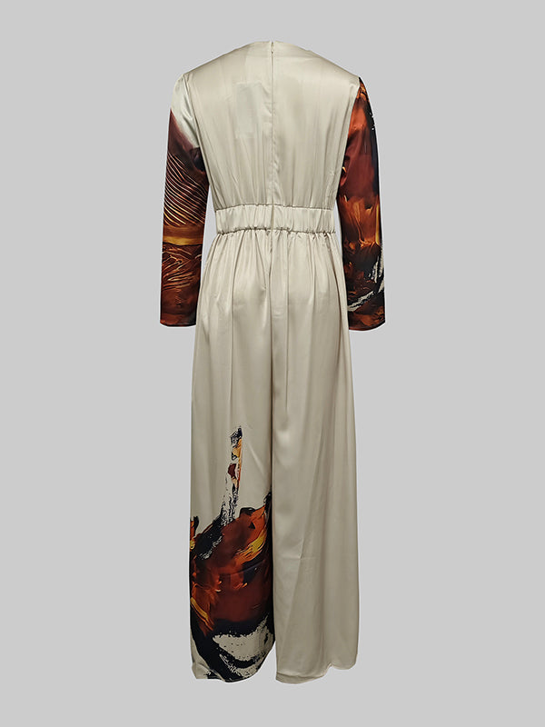 Women's Elegant Flowy Wide-Leg Jumpsuit - V-Neck - Long Sleeve - Printed