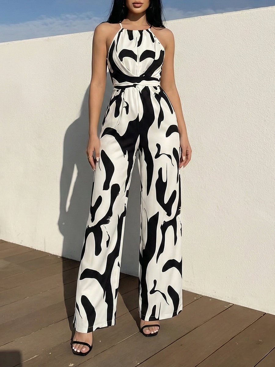 Women's Elegant Wide-Leg Jumpsuit - Halter Neck - Self-Tie Waist - Printed