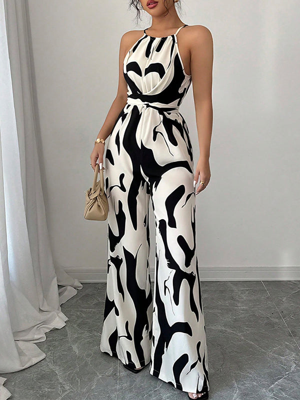 Women's Elegant Wide-Leg Jumpsuit - Halter Neck - Self-Tie Waist - Printed