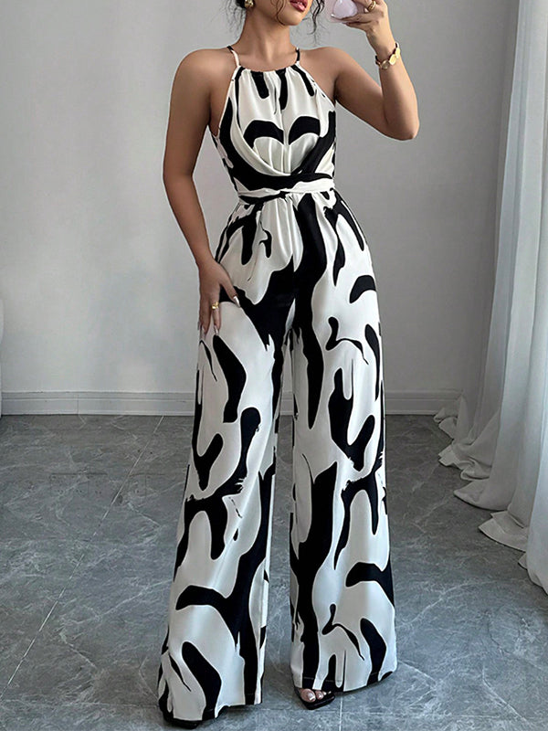 Women's Elegant Wide-Leg Jumpsuit - Halter Neck - Self-Tie Waist - Printed