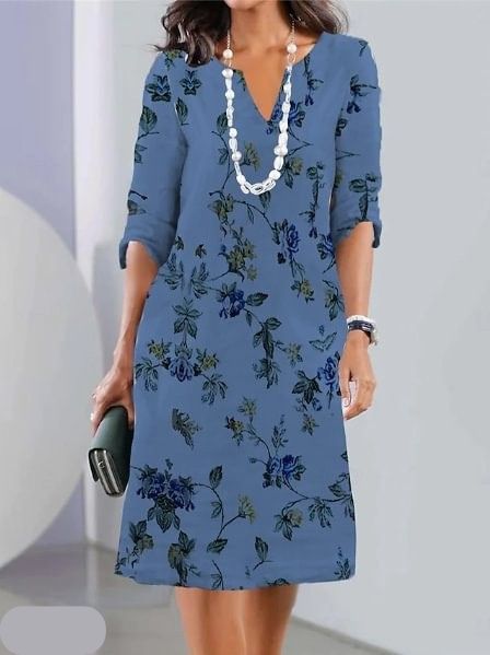 Women's Floral Layered Midi Dress - Party Style - A-Line - V-Neck - 3/4 Sleeve