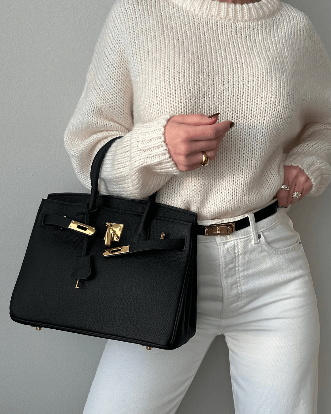 Women's Handbag - Synthetic Leather - Structured - Textured - Gold-tone Lock