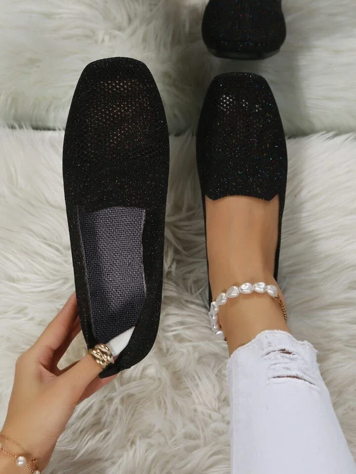 Women's Knit Slip-On Flats - Mesh - Square Toe - Cushioned