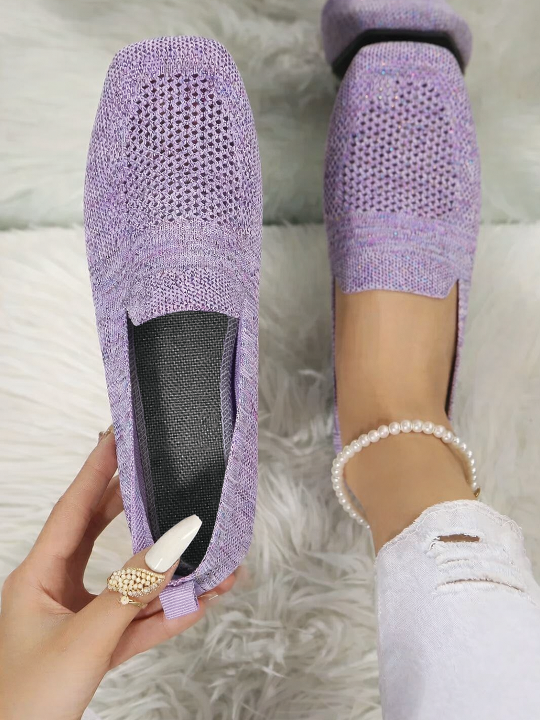 Women's Knit Slip-On Flats - Mesh - Square Toe - Cushioned