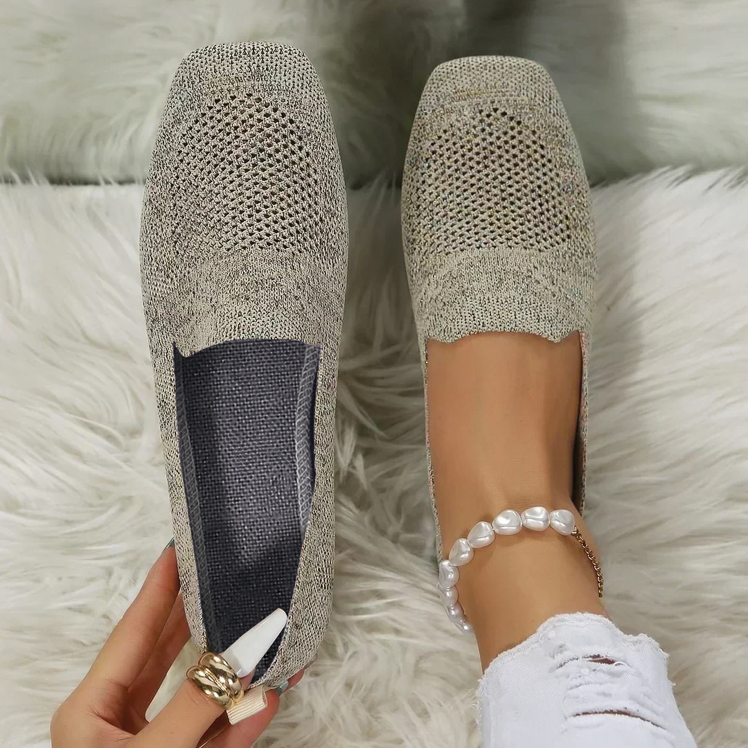 Women's Knit Slip-On Flats - Mesh - Square Toe - Cushioned