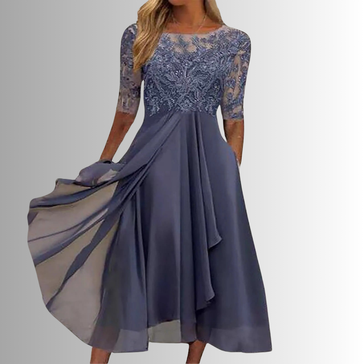 Women's Lace Dress - Formal Occasion - Lace - Flowing Skirt - Closed-Back