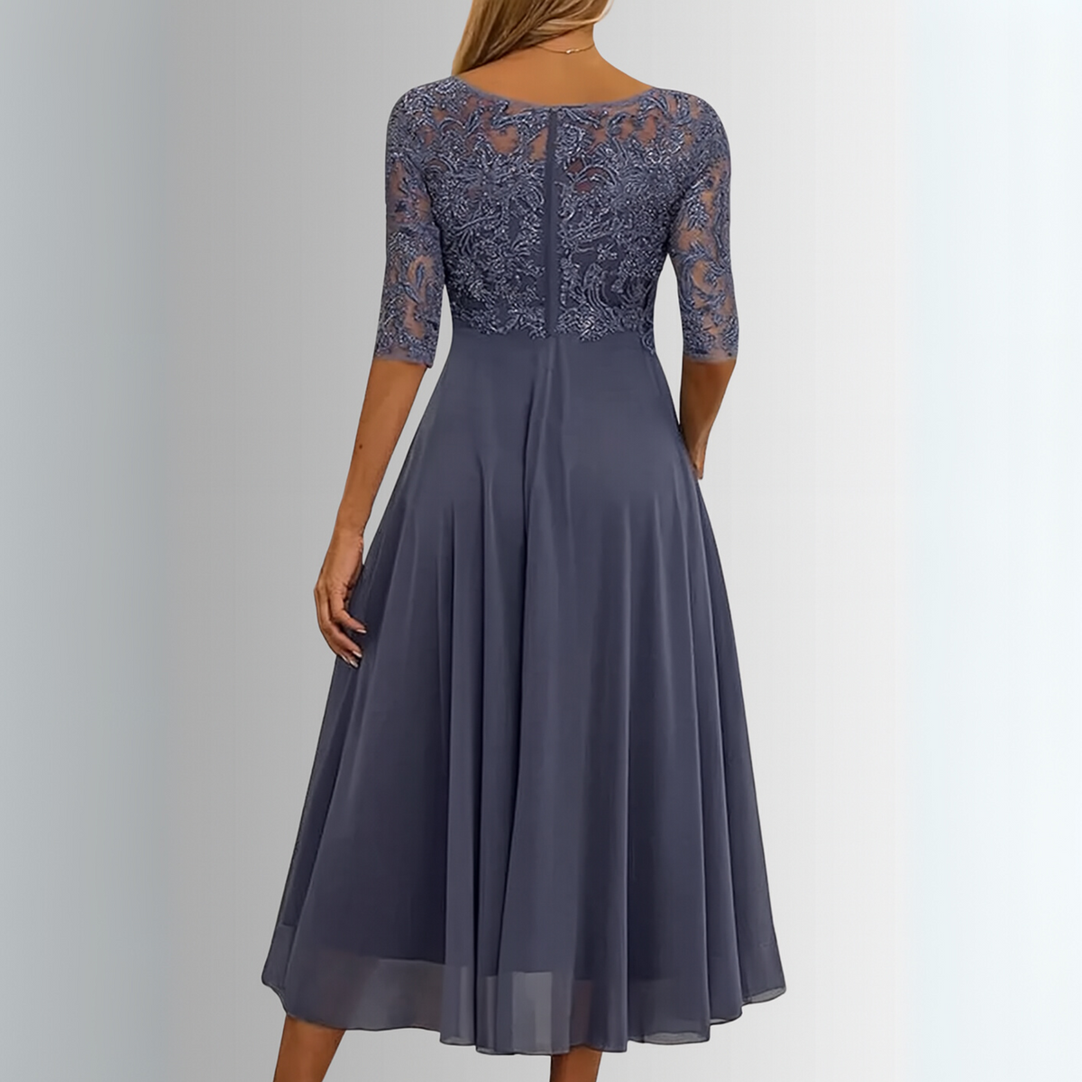 Women's Lace Dress - Formal Occasion - Lace - Flowing Skirt - Closed-Back