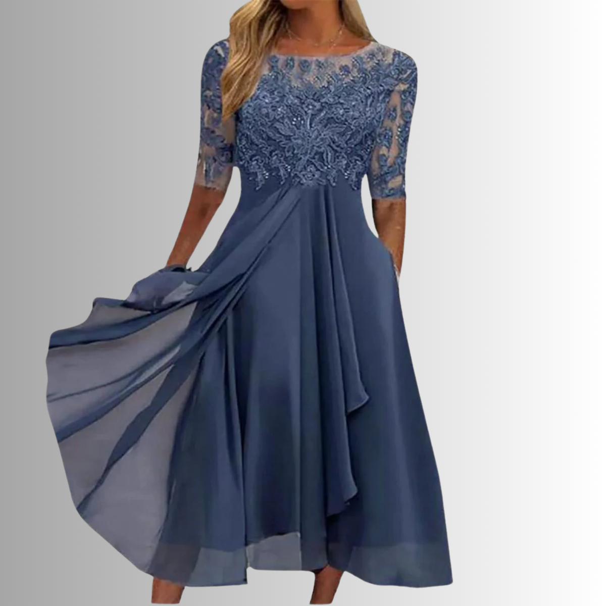 Women's Lace Dress - Formal Occasion - Lace - Flowing Skirt - Closed-Back