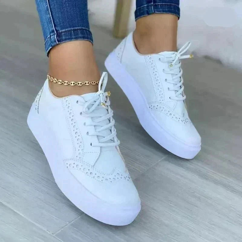 Women's Lace-Up Platform Sneakers - PU - Brogue - Flat Sole