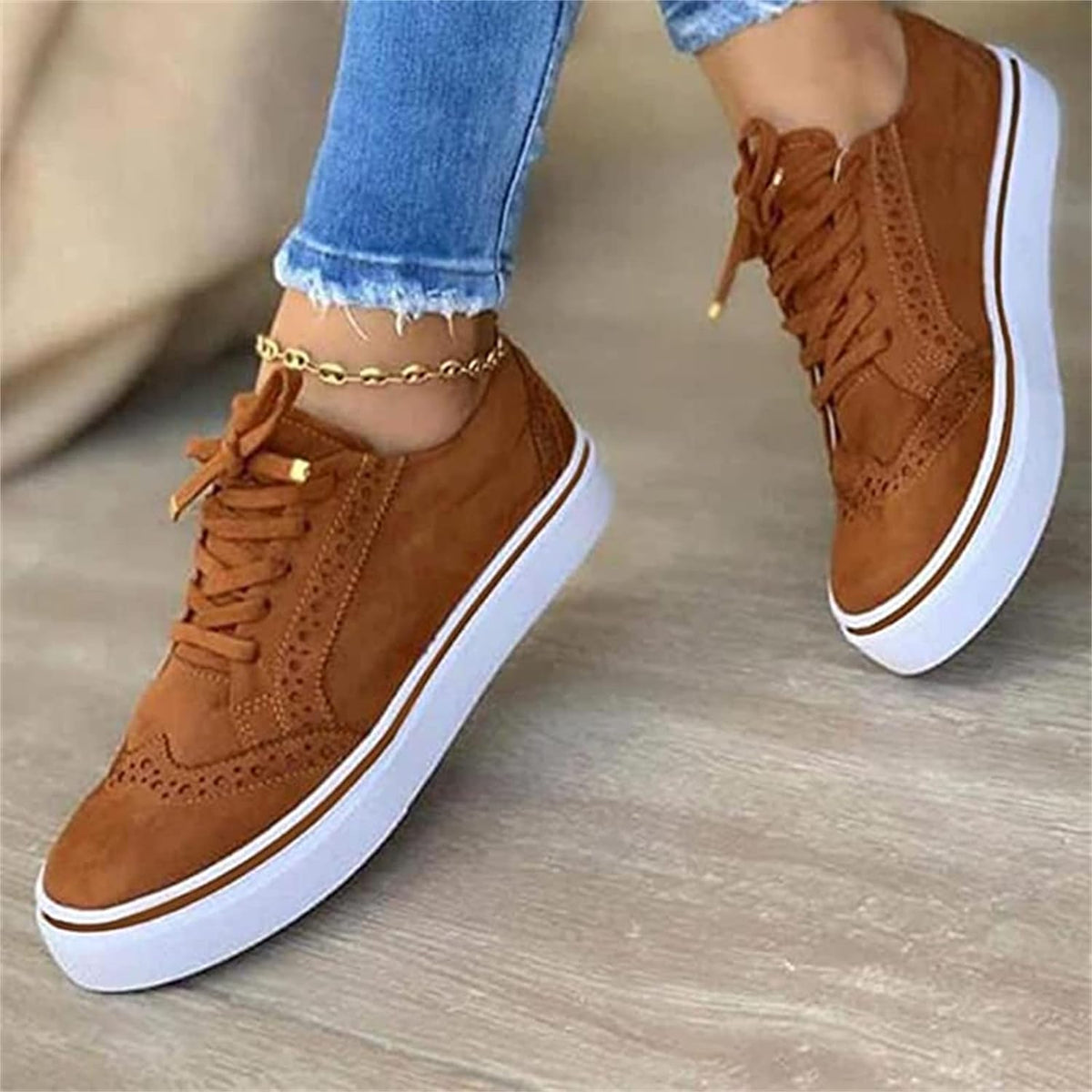 Women's Lace-Up Platform Sneakers - PU - Brogue - Flat Sole