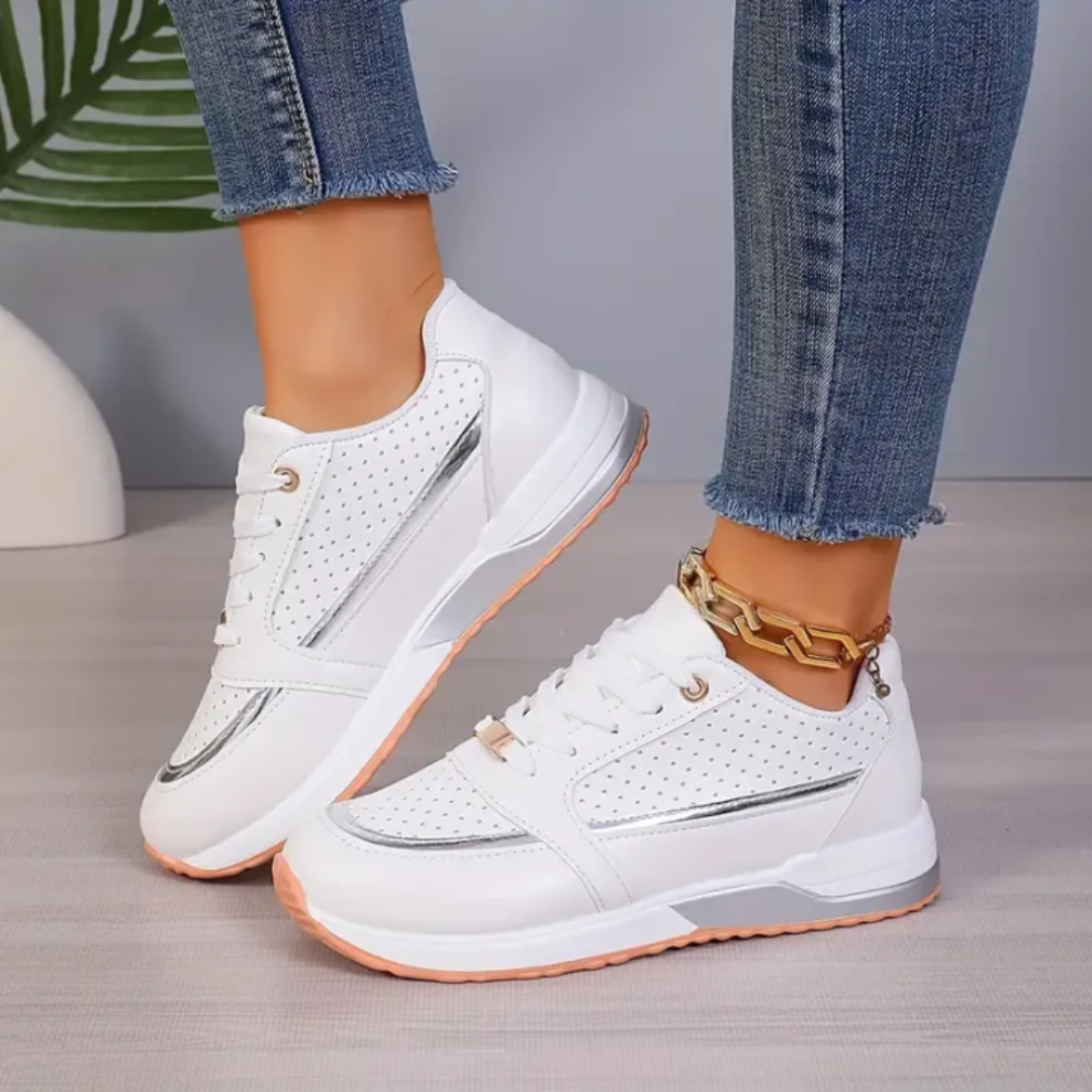 Women's Lace-Up Walking Trainers - Vegan Leather - Low-Top - Perforated