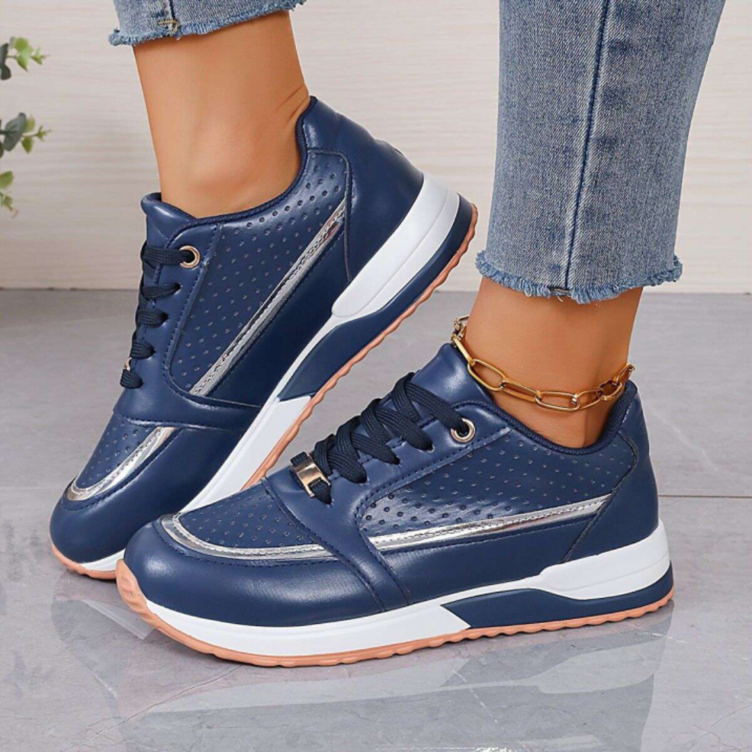 Women's Lace-Up Walking Trainers - Vegan Leather - Low-Top - Perforated