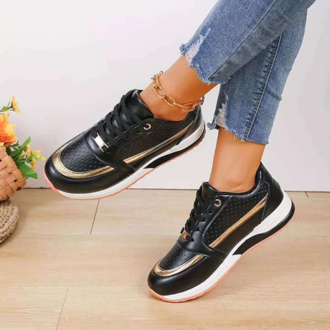 Women's Lace-Up Walking Trainers - Vegan Leather - Low-Top - Perforated