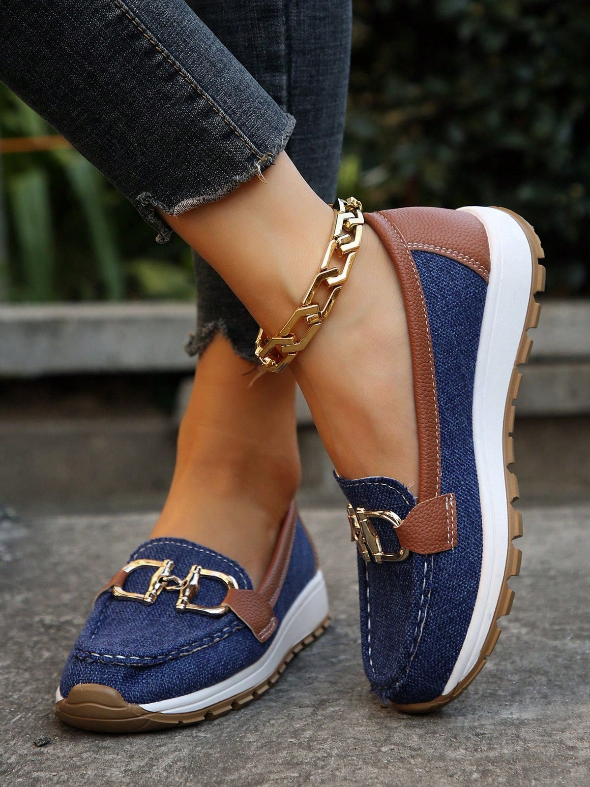 Women's Leather Loafers - Flat Wedge - Slip-on - Buckle