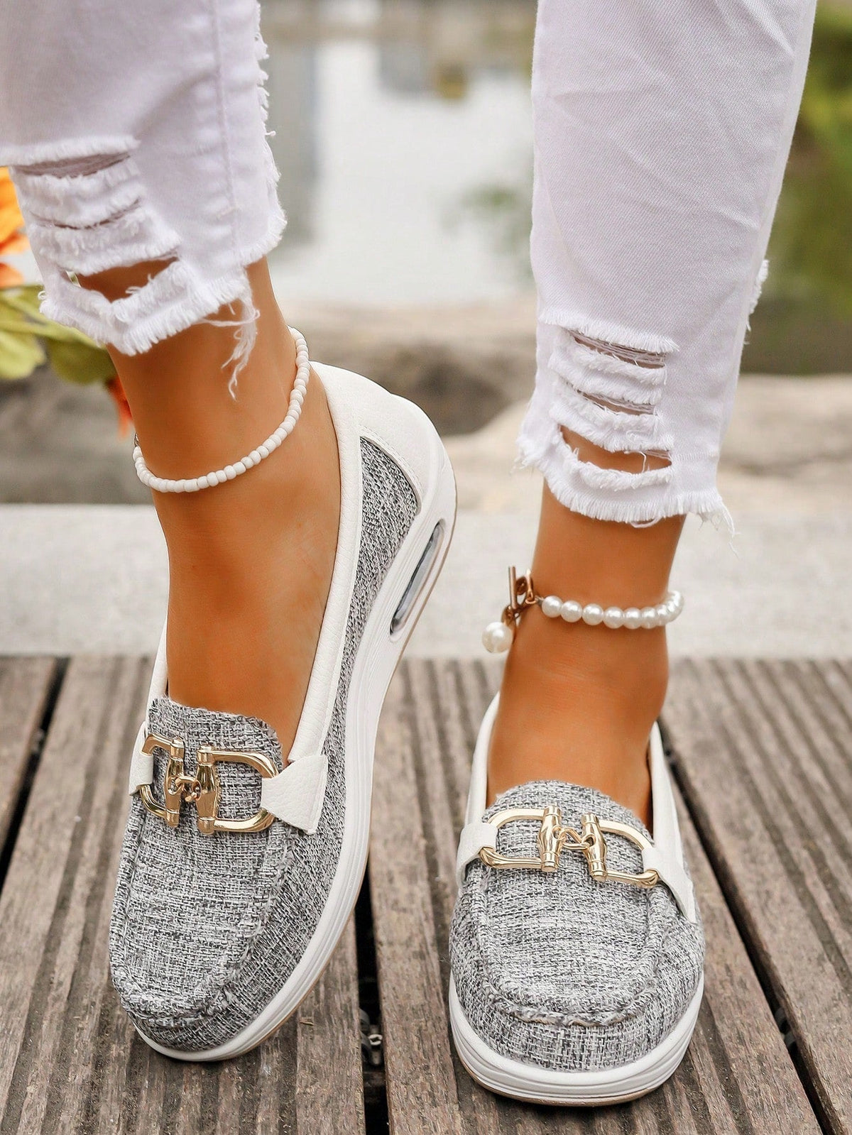 Women's Leather Loafers - Flat Wedge - Slip-on - Buckle