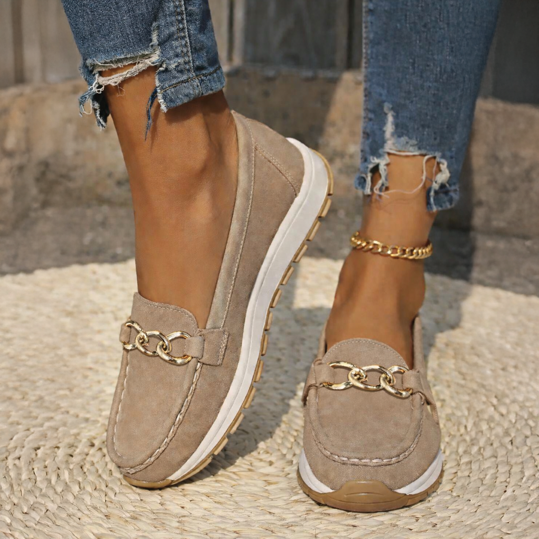 Women's Leather Loafers - Flat Wedge - Slip-on - Buckle