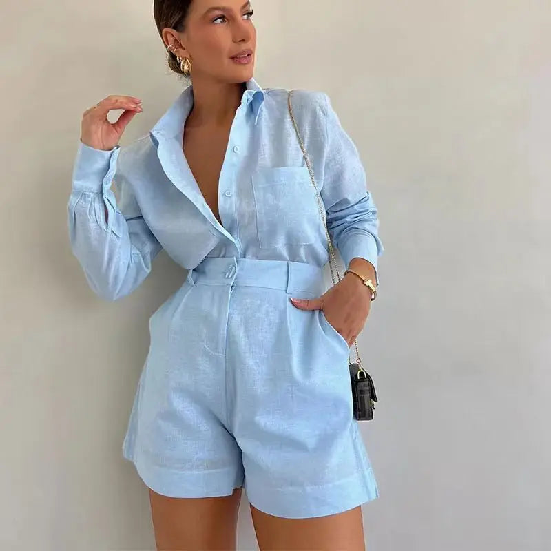 Women's Linen Shirt and Shorts Set - Oversized Relaxed Fit - Button-Down - High-Waist
