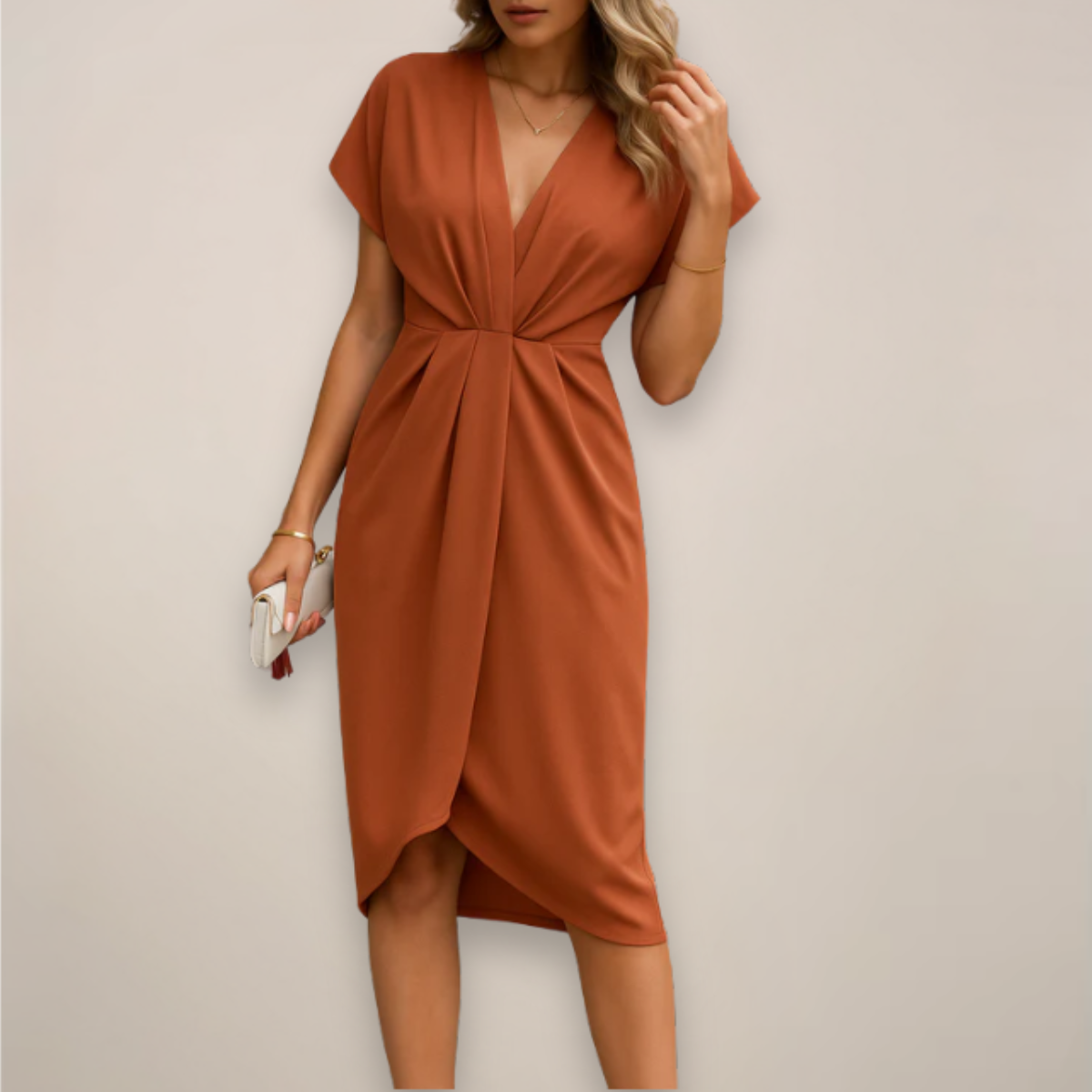 Women's Midi Wrap Dress - Semi-Formal - Adjustable - V-Neck - Short Sleeve
