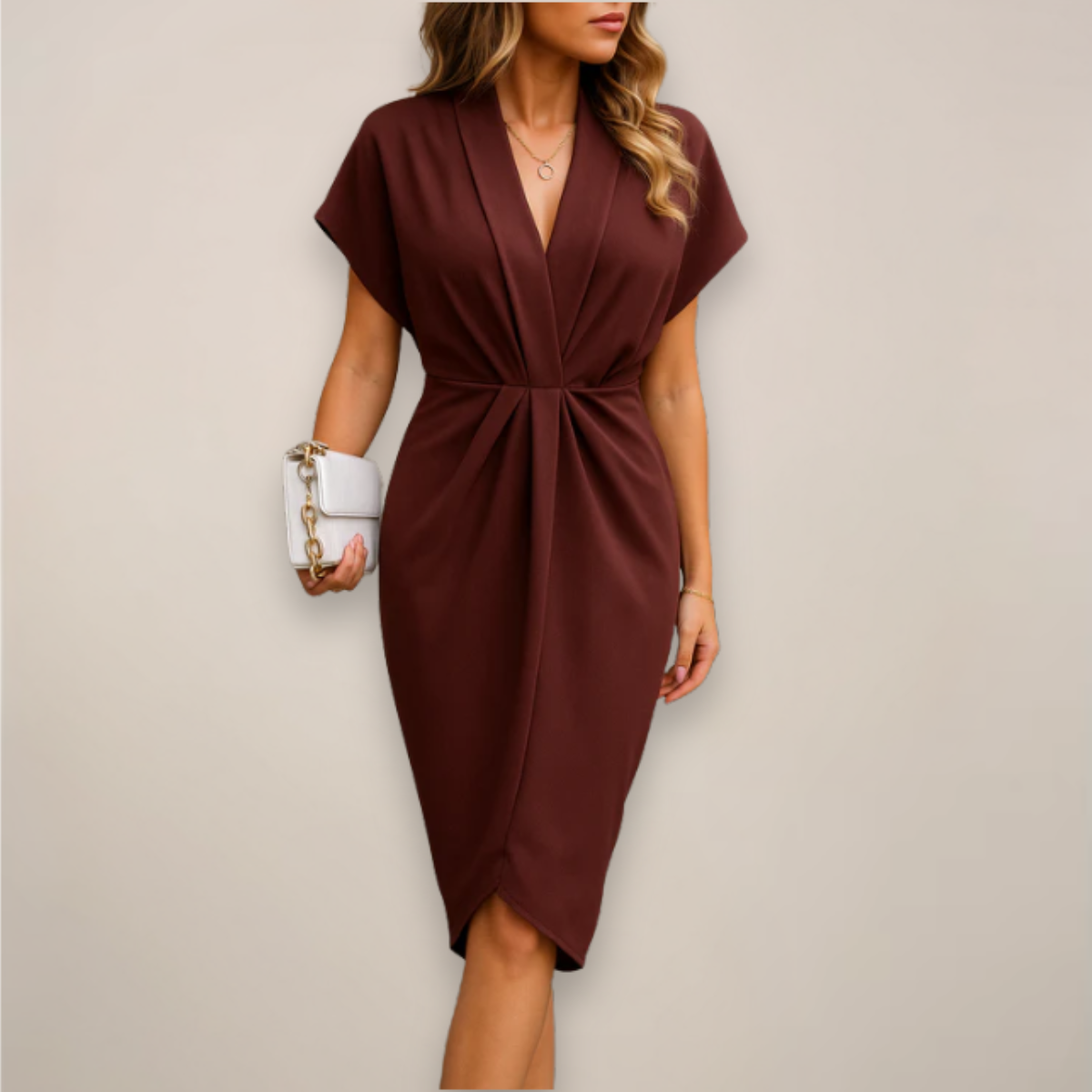 Women's Midi Wrap Dress - Semi-Formal - Adjustable - V-Neck - Short Sleeve