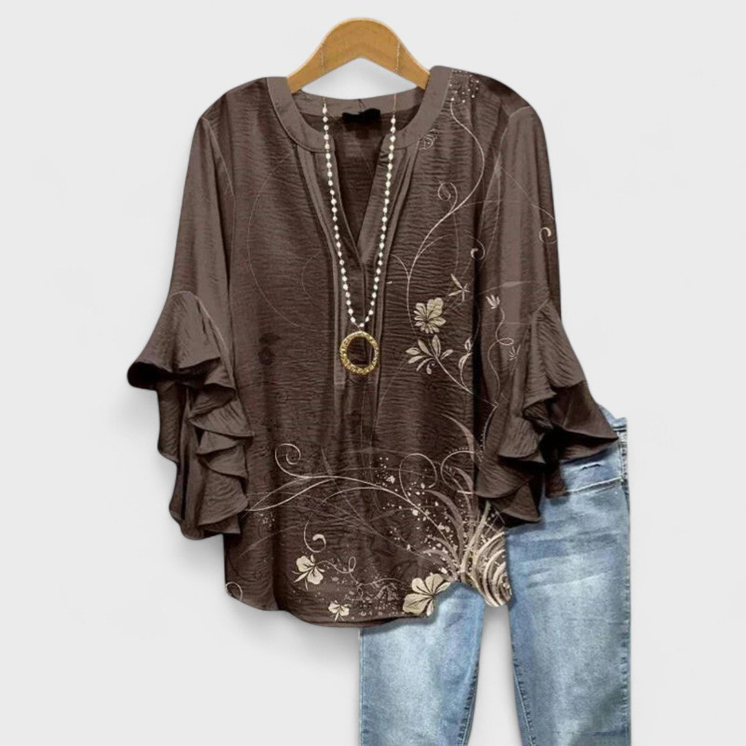 Women's Plus Size Blouse - V-Neck - Ruffled Sleeve - Striped