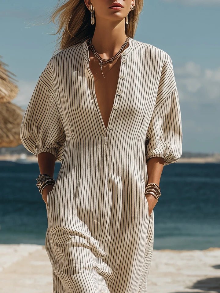 Women's Ribbed Button-Down Midi Dress - Ribbed Fabric - Three-Quarter Sleeve - Pockets