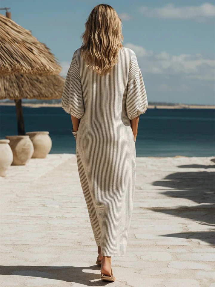 Women's Ribbed Button-Down Midi Dress - Ribbed Fabric - Three-Quarter Sleeve - Pockets